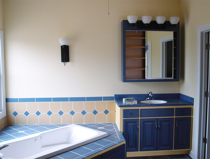 blue tiled bathroom full view