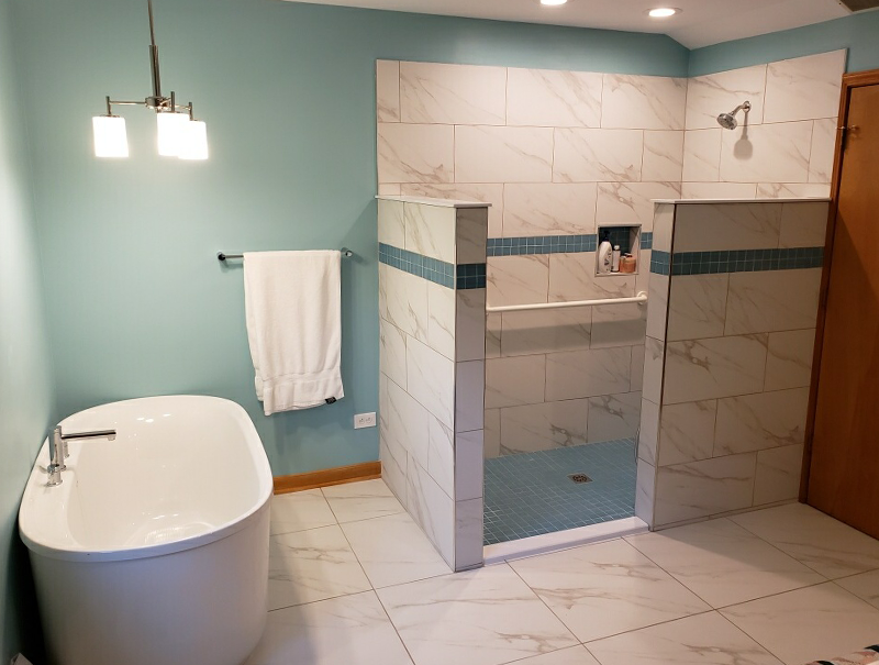 bathroom remodel full view, showing walk-in shower and freestanding tub